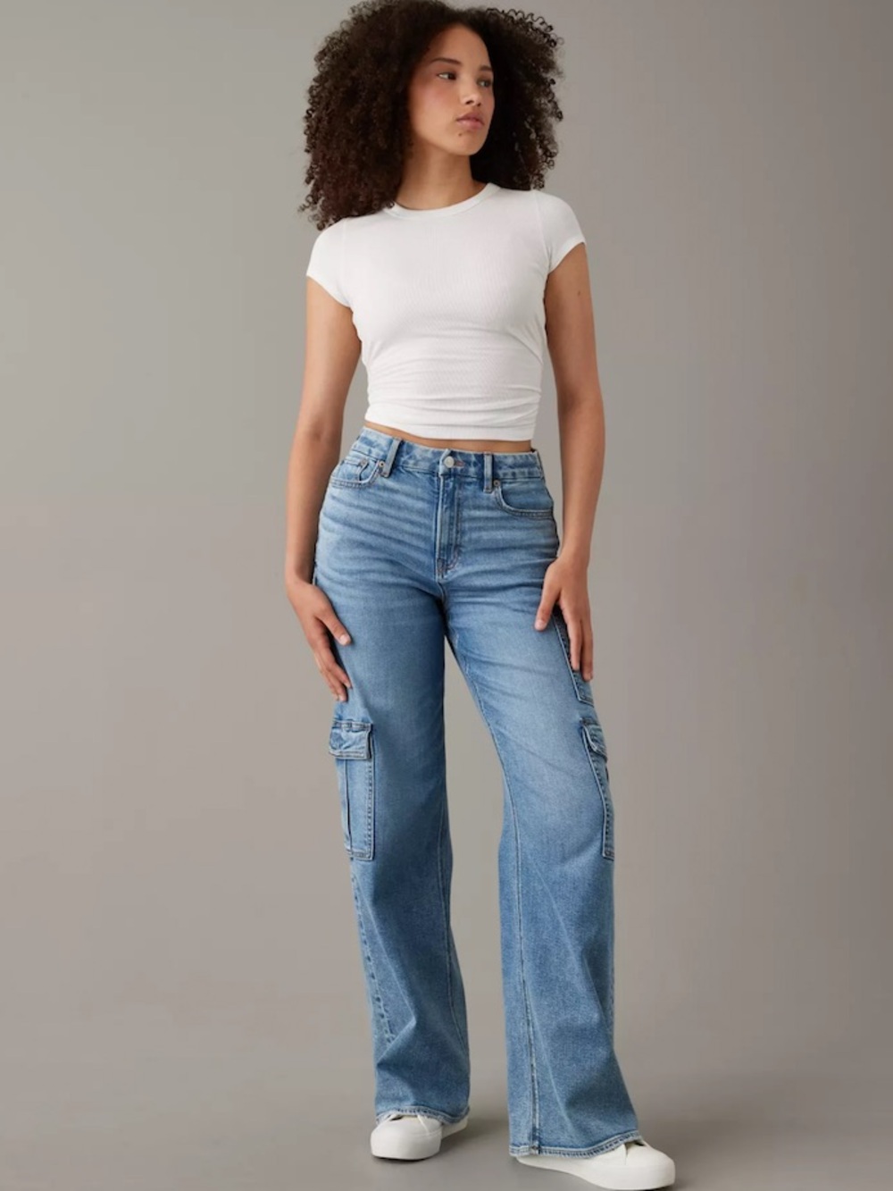 AE Curvy Super High Waist Baggy Wide Leg Cargo Jeans Light Bright Indigo